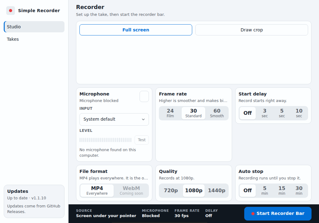 The Simple Recorder studio window with source, microphone, frame rate, delay, quality, and auto stop settings