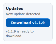 The Updates box saying New update detected with a Download v1.1.9 button