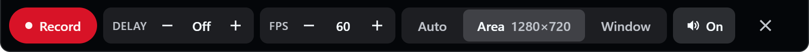 Recorder bar with Area 1280 by 720 selected, 60 FPS, and sound on