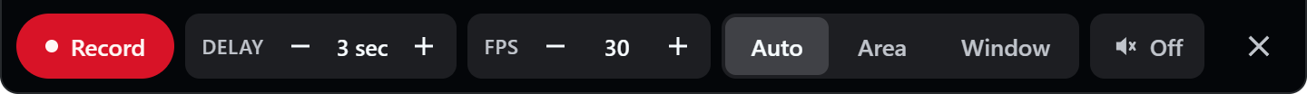 Recorder bar ready: Record, Delay 3 sec, FPS 30, Auto selected, Sound off
