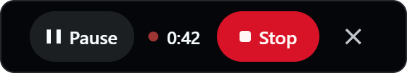 Recorder bar while recording: Pause, a 0:42 clock, and Stop