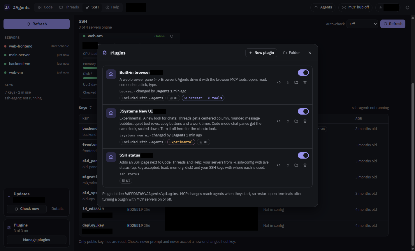The Plugins panel. Each plugin has an on/off switch, an undo button, and a button to show its code. Plugins that come with JAgents are marked "Included with JAgents".