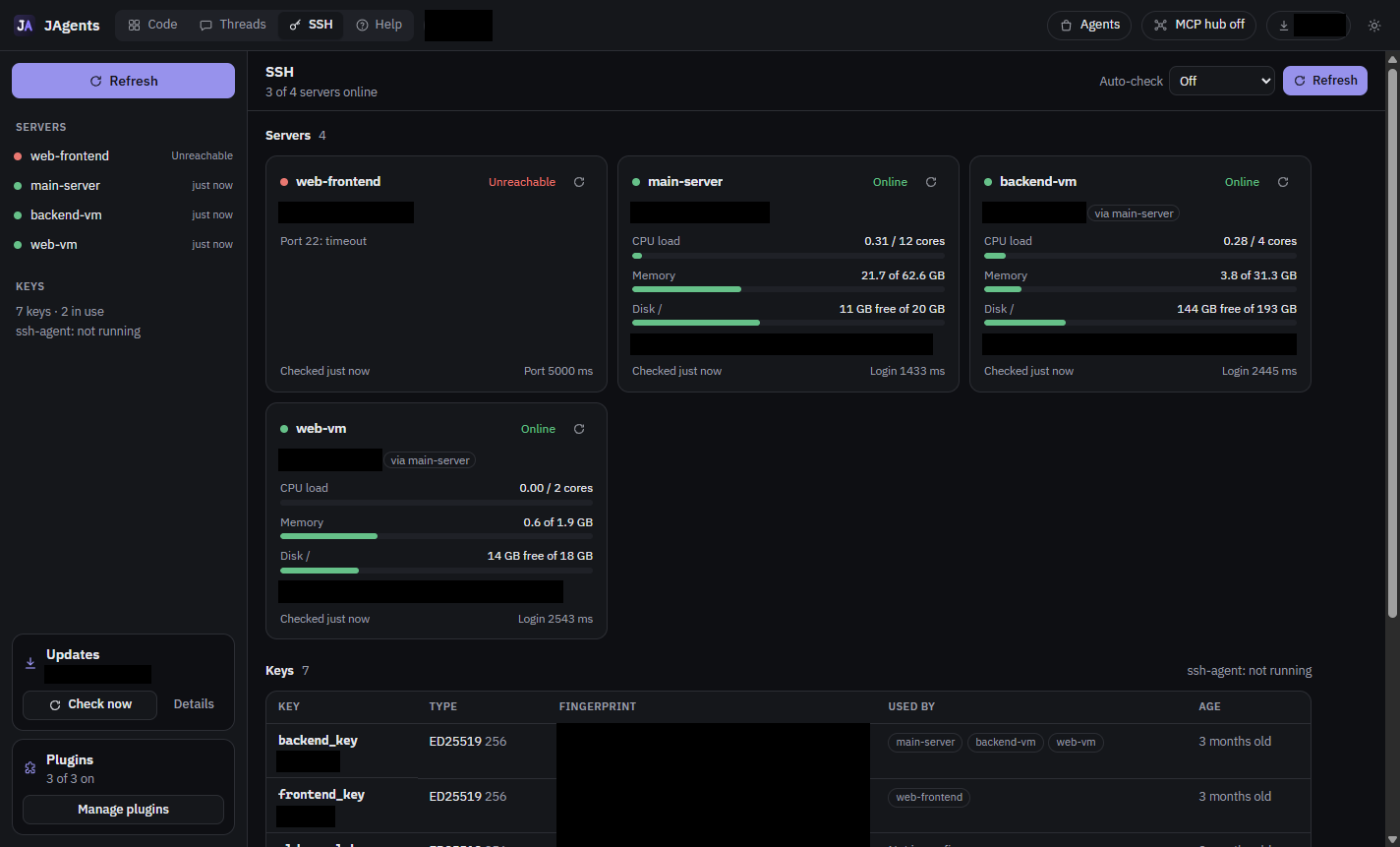 The SSH page in JAgents. Each server gets a card that shows if it is online, plus its load, memory and disk. One server did not answer, and the page says why. In these screenshots, server names are replaced with examples and private details are blacked out.
